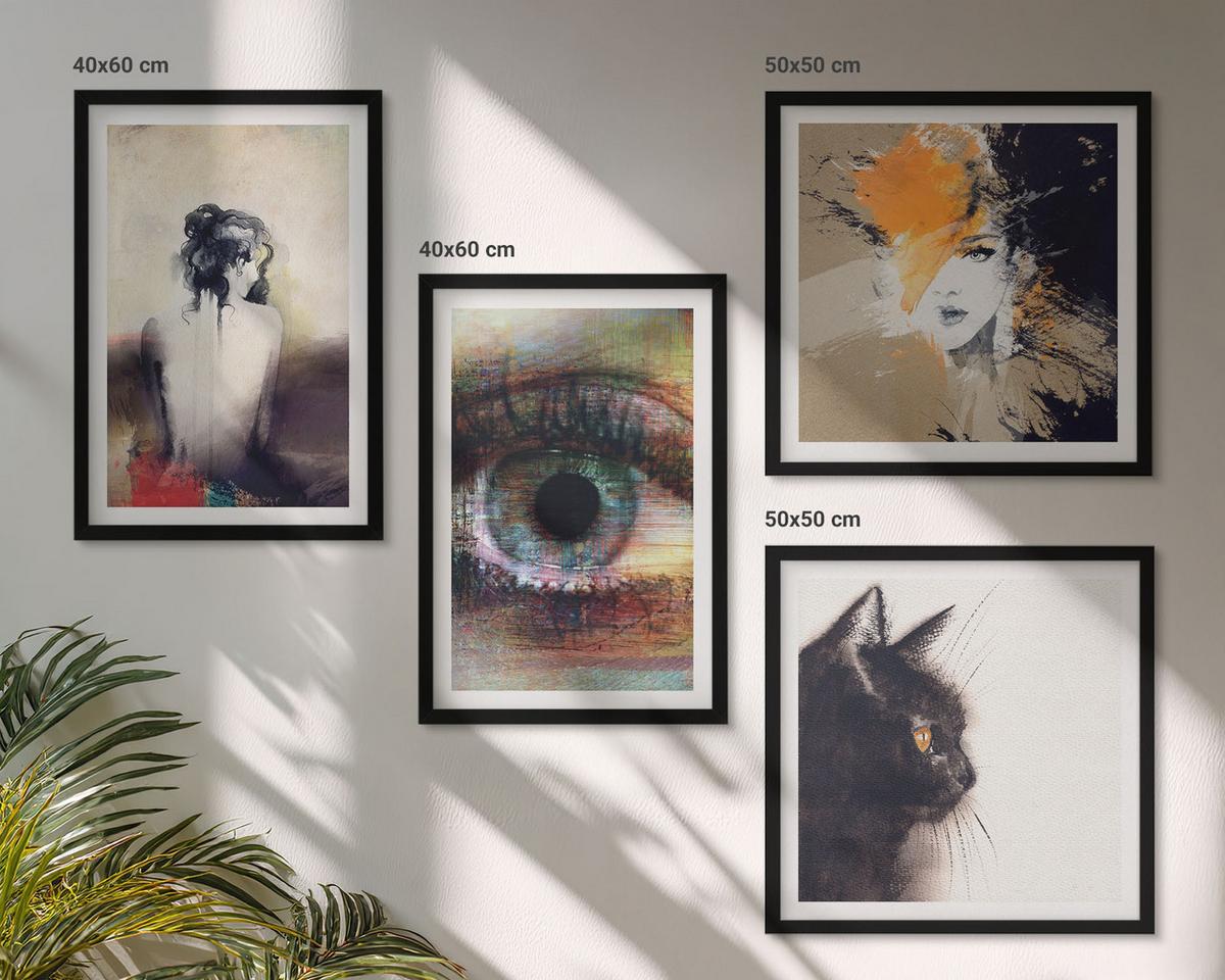 BILDER SET 4er Set - 50x50 cm & 40x60 cm Schwarzer Rahmen - Porträt einer Frau, Auge, Farben, Emotionen - Schwarz, Kunststoff (50/50cm) - TULUP