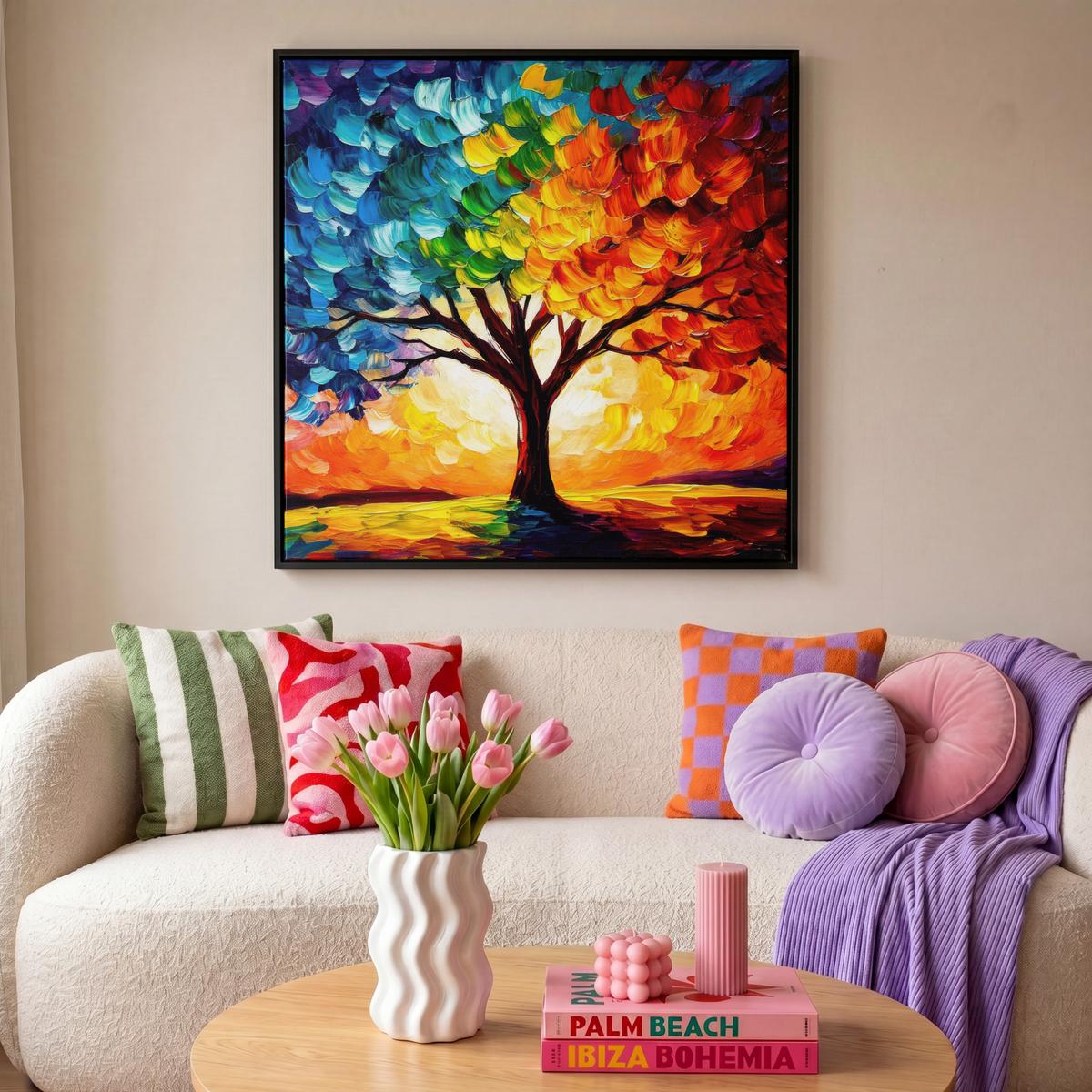 LEINWAND Bilder mit Rahmen - Baum - Kunst - Natur - Sonnenuntergang - 90x90 - Multicolor, Textil (90/90cm) - MuchoWow