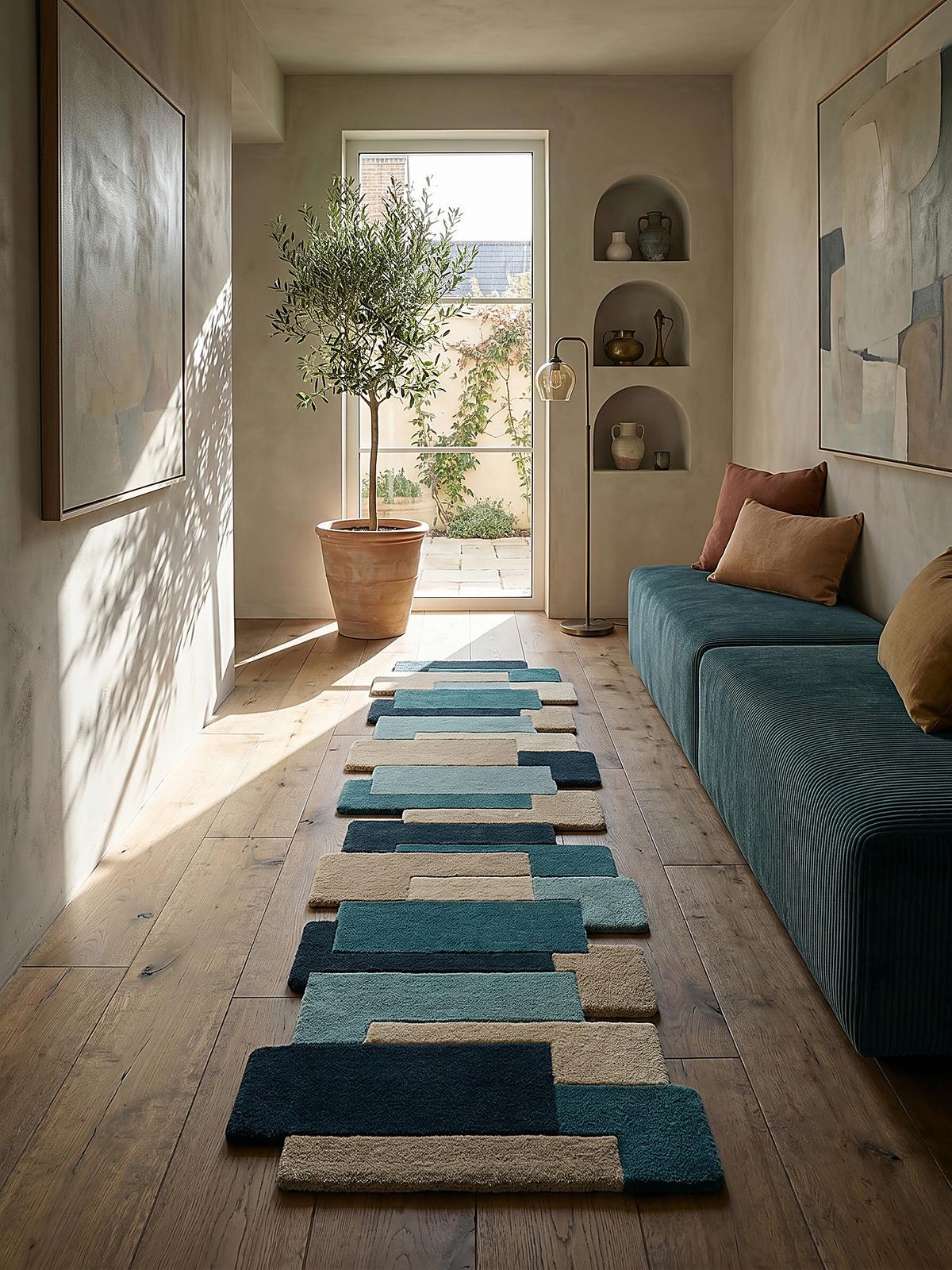 WOLLTEPPICH HALLEIN, geometrisch, Türkis, 60 x 230 cm - Blau, Textil (60/230cm) - KADIMA DESIGN