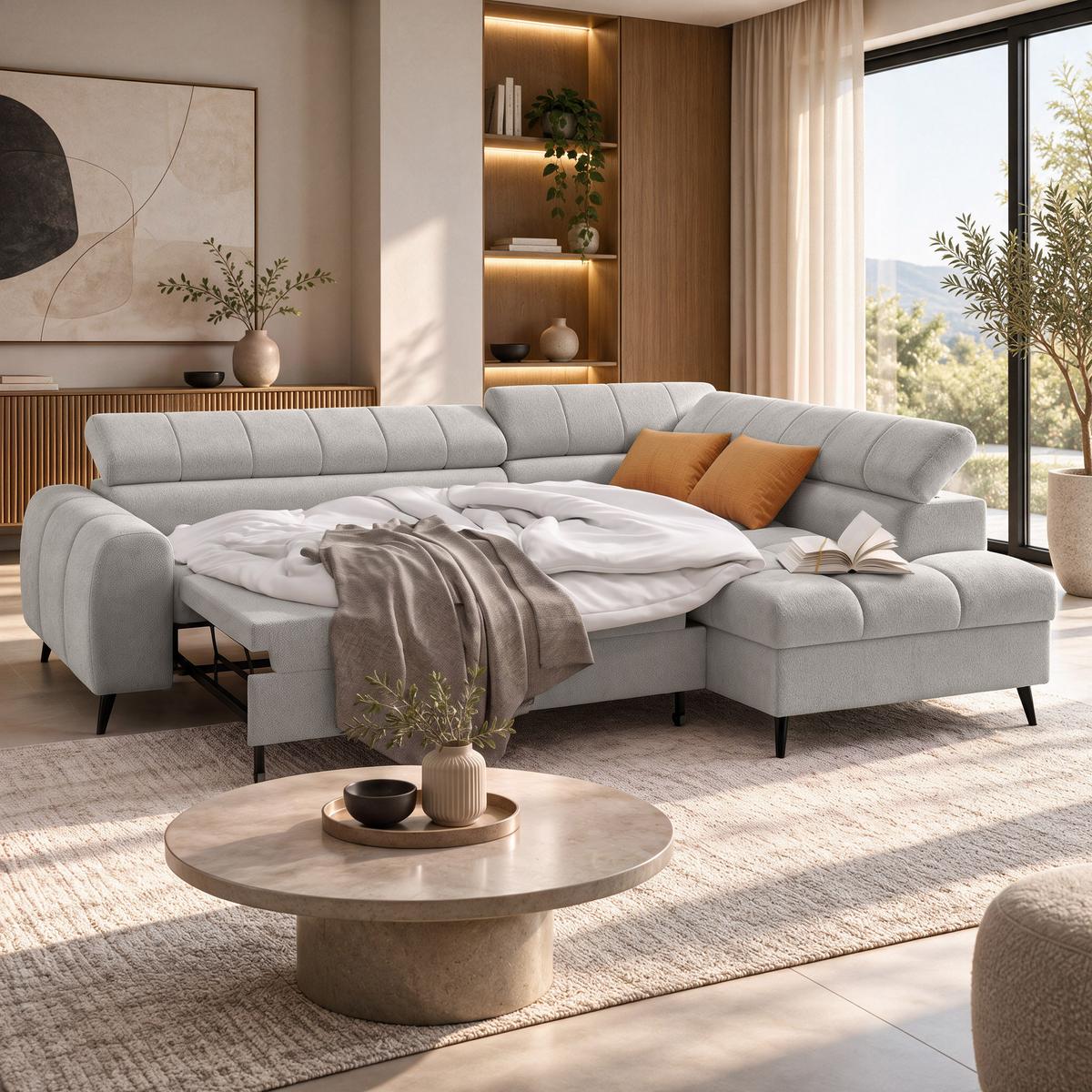 ECKSCHLAFSOFA Vinni Cappuccino, Chenille-Stoff, rechts - Cappuccino, Textil (265/205cm) - Beautysofa