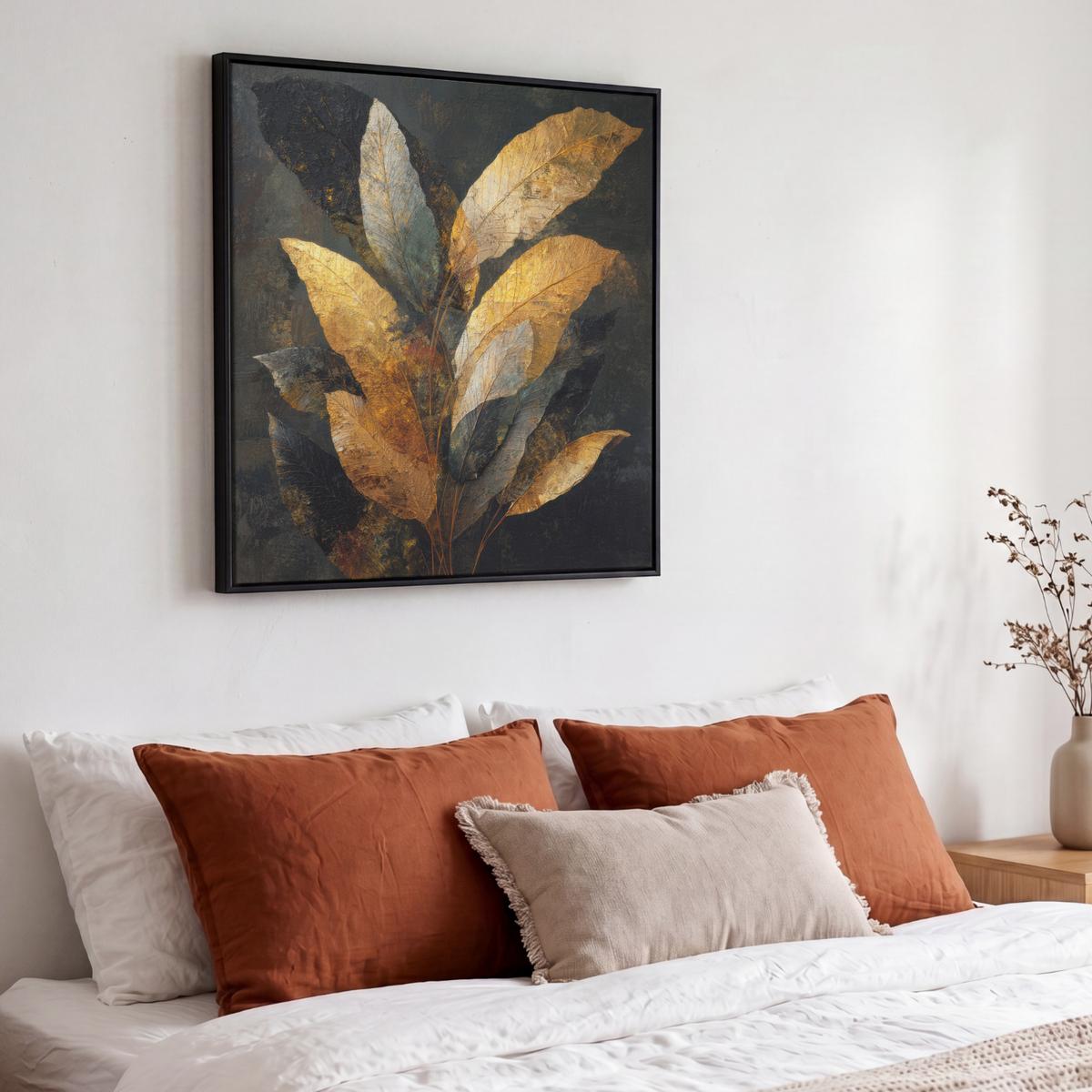 LEINWAND Bilder mit Rahmen - Golden Leaf Komposition - Botanical Luxury - 50x50 - Goldfarben, Textil (50/50cm) - MuchoWow
