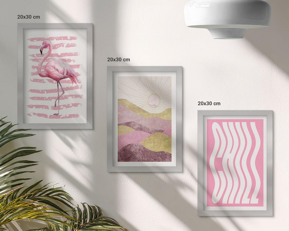 BILDER SET 3er Set - 20x30 cm Silberner Rahmen - Pastelllandschaft mit rosa Flamingos - Silberfarben, Kunststoff (20/30cm) - TULUP