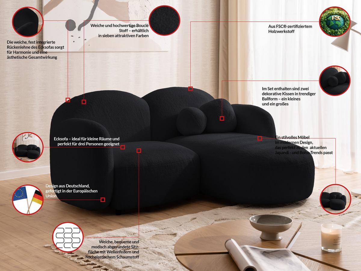 ECKSOFA Nuvola mit abgerundetem Design Schwarz Bouclé-Stoff - Ottomane Rechts - Schwarz, Holz/Kunststoff (190/146cm) - S-Style Möbel