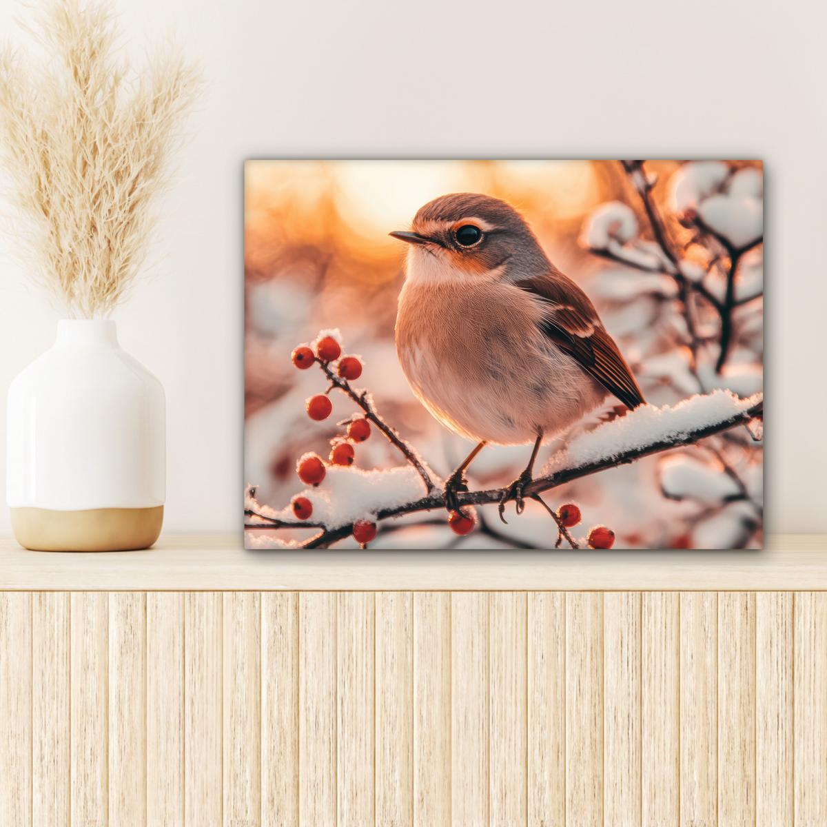 LEINWANDBILD Vogel - Zweig - Winter - Tiere - Schnee Wandbild 40x30 cm - Bernsteinfarben, Textil (40/30cm) - MuchoWow