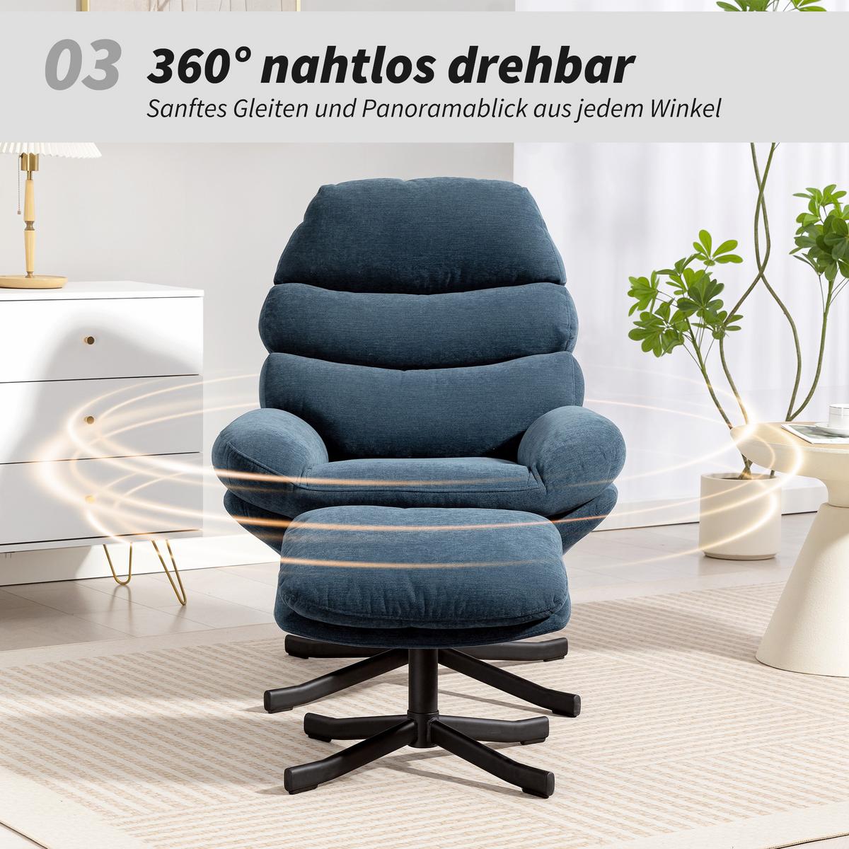 RELAXSESSEL mit Hocker Sessel Loungesessel mit Chenille-Stoff Fernsehsessel Blau - Blau/Schwarz, Textil/Metall (78/100/93cm) - HOMCOM