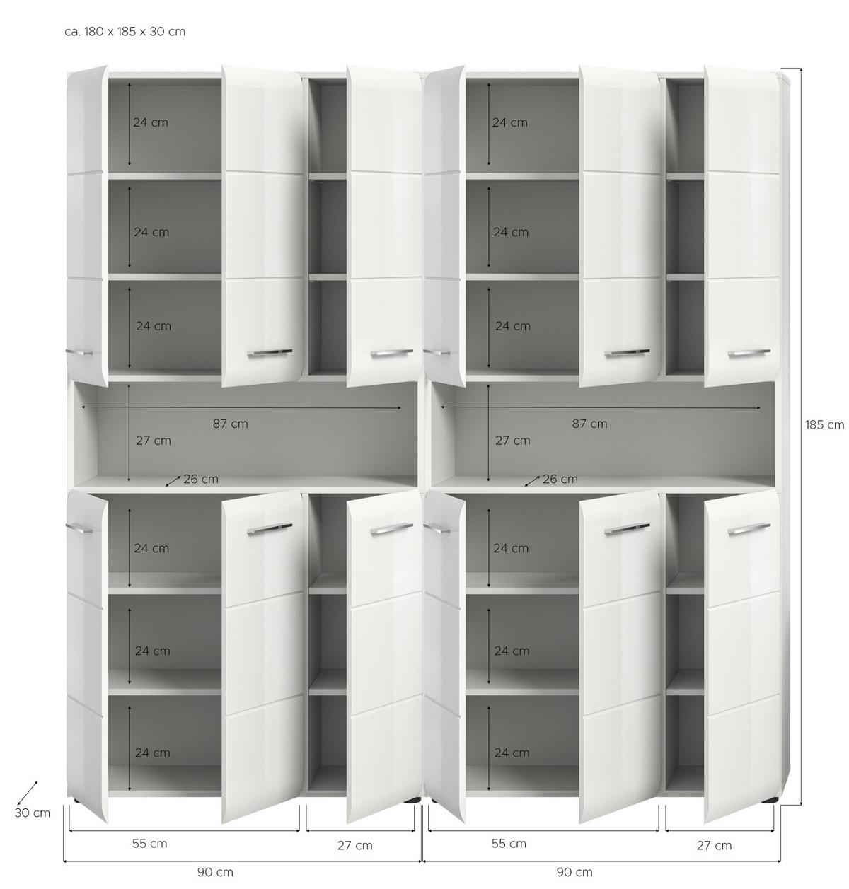 HOCHSCHRANK weiß Hochglanz 180 cm, Badezimmer Schrank mit viel Stauraum - Weiß Hochglanz/Silberfarben, Holzwerkstoff/Kunststoff (180/185/30cm) - Inn.Furn