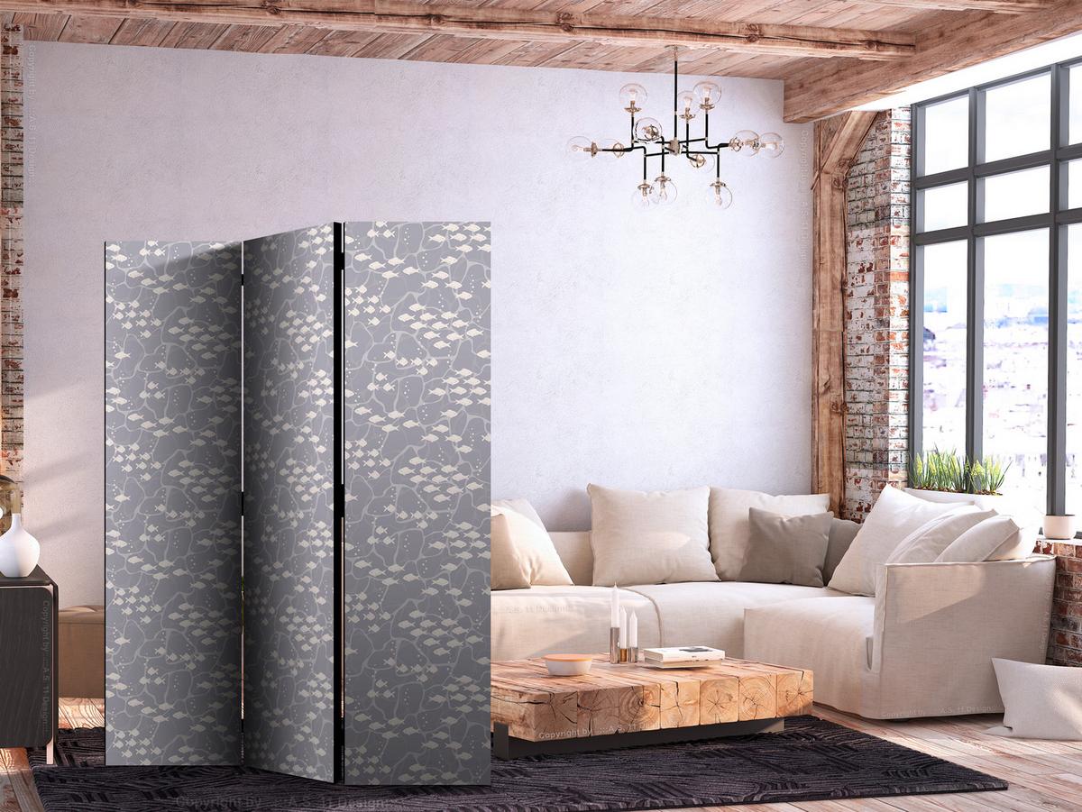 PARAVENT Akustik 3-tlg 135x172 cm Fischschwarm Boho Stil - Grau, Holz/Textil (135/172/3cm) - Muralo