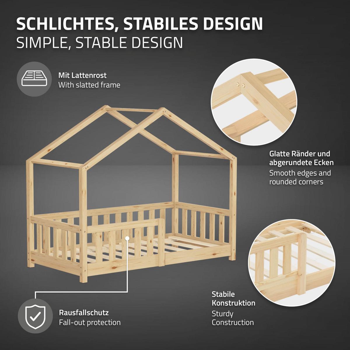 HAUSBETT mit Matratze 70x140 cm Natur aus Kiefernholz mit Rausfallschutz - Beige, Holz (70/140cm) - ML-DESIGN
