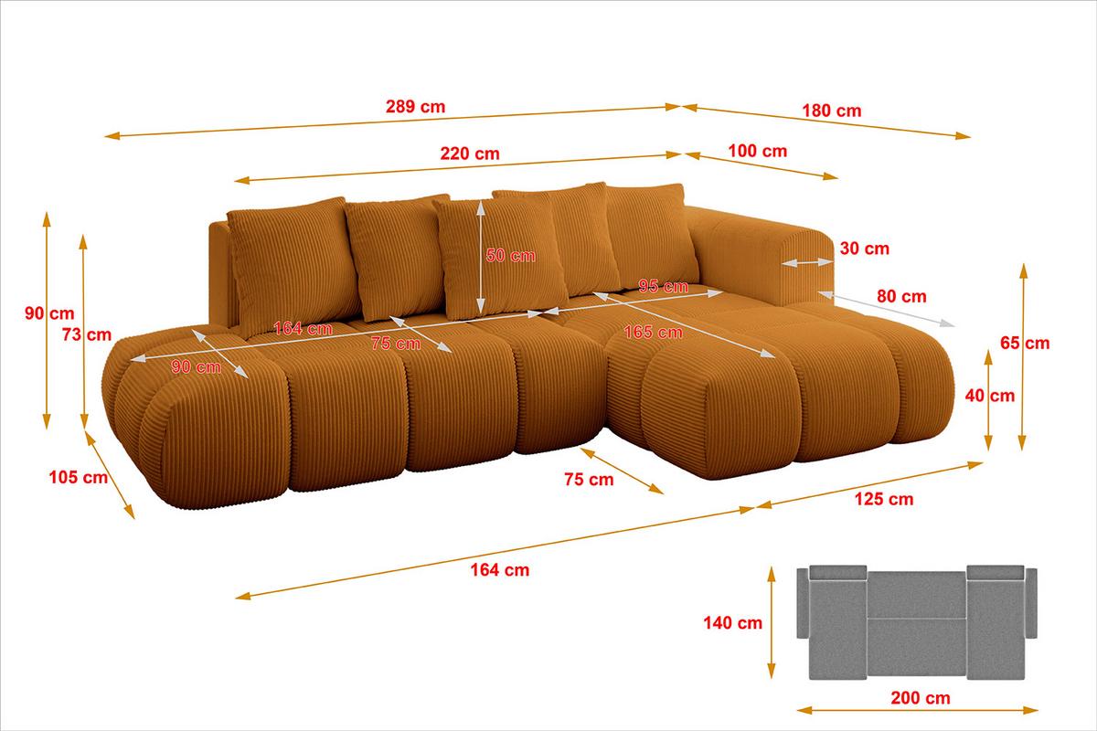ECKSOFA Ottomane Rechts CLOUD-L-v1 280x185x90 Senfgelb Cord - Currygelb, Holzwerkstoff/Kunststoff (185/280cm) - ALTDECOR