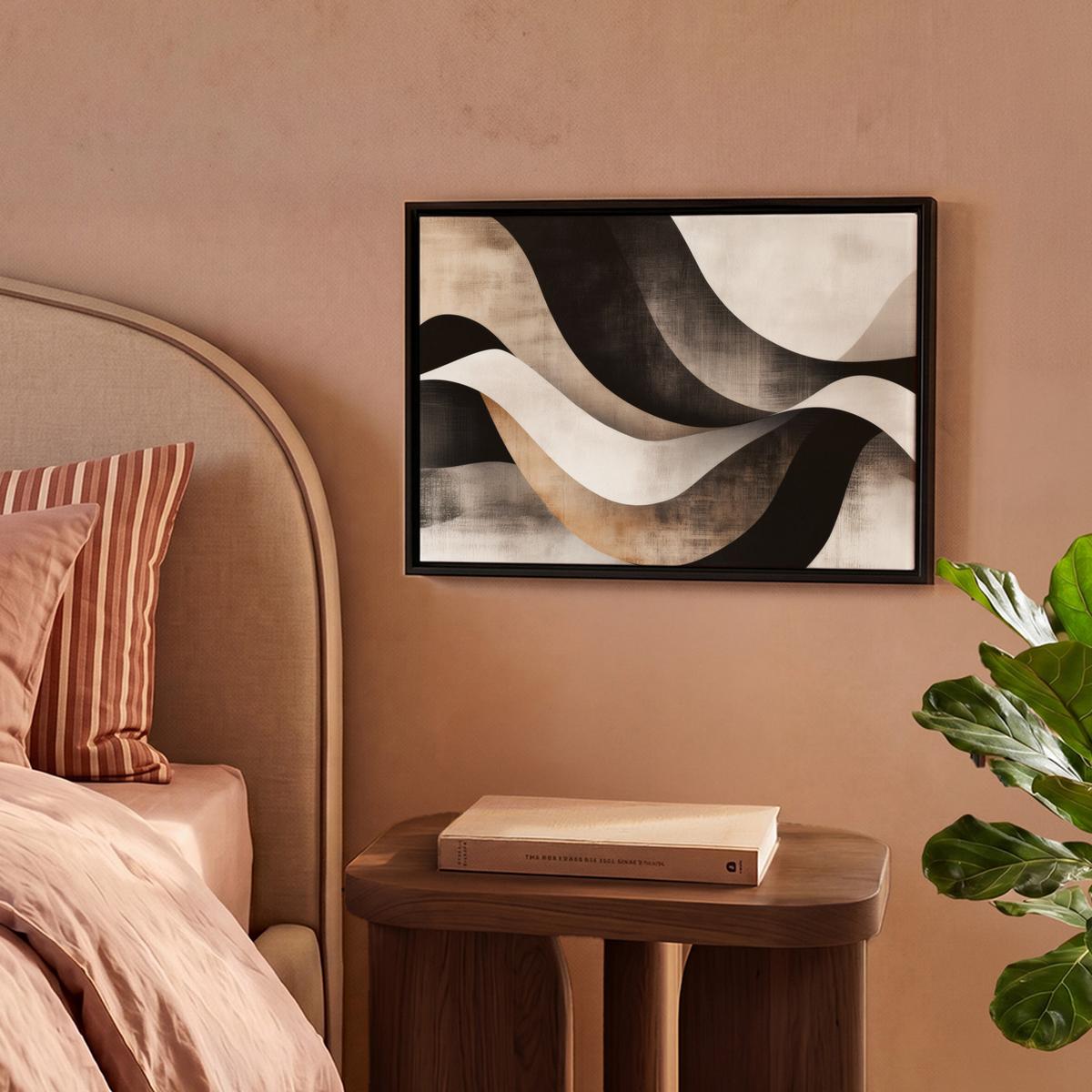 LEINWAND Bilder mit Rahmen - Abstrakt - Wellen - Schwarz - Verwittert - 40x30 - Trüffeleichefarben, Textil (40/30cm) - MuchoWow