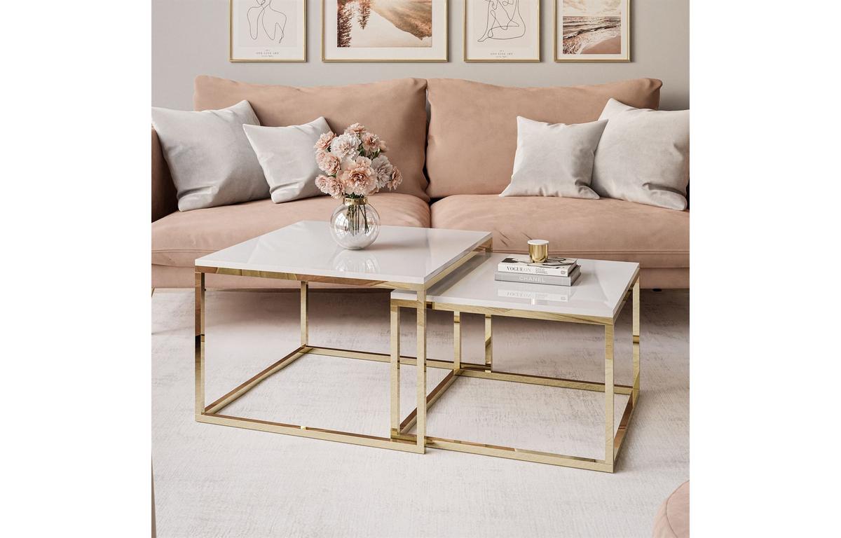 COUCHTISCH YOSHI 2in1 70/70/42 cm Gold Chrom / Weiß Hochglanz - Weiß, Holzwerkstoff/Metall (70/70/42cm) - Lookway