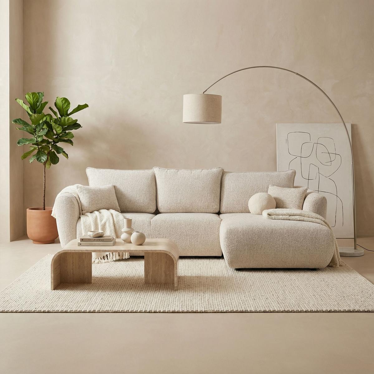 ECKSOFA Fabio mit Bettkasten, Strukturiert Ecru 255/165/91 cm - Ecru/Schwarz, Textil (255/165cm) - WFL GROUP