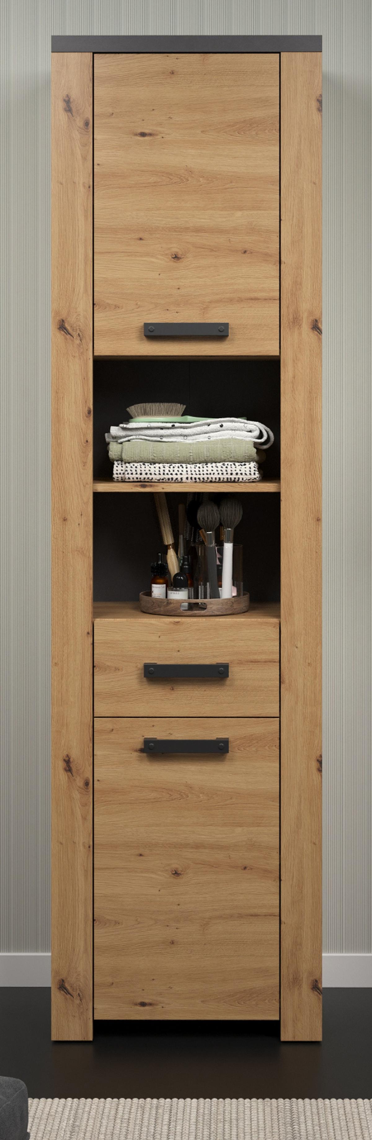 HOCHSCHRANK Eiche Artisan, grau 53 x 196 cm, Badschrank mit 6 Fächern und Vollauszug - Eichefarben/Schwarz, Holzwerkstoff/Kunststoff (53/196/35cm) - Top.Furn