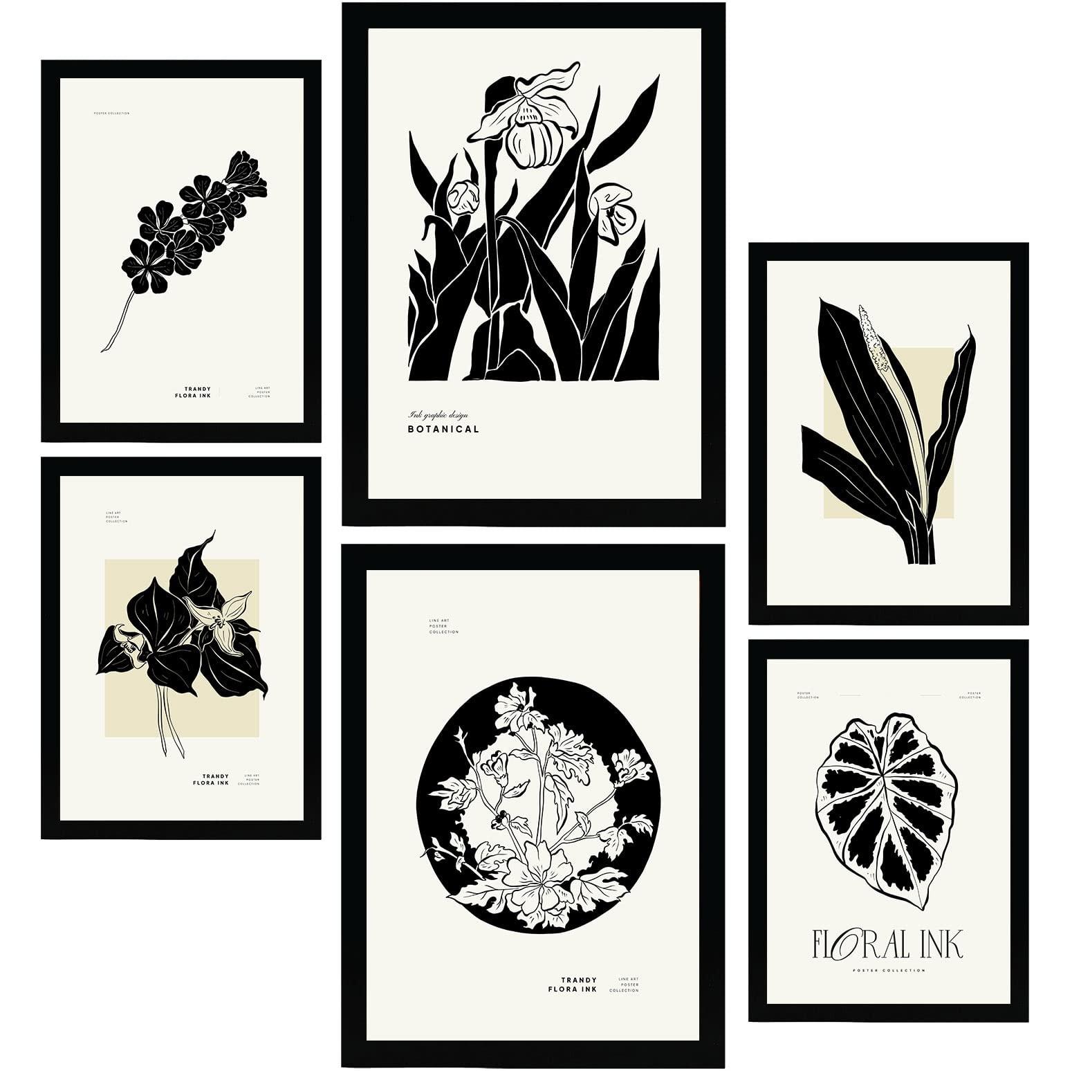 POSTER Set Mit 6 In Schwarzer Tinte Tropische Tinten Kunstdrucke Im Skizzenstil Für Innenarchitektur A3 & A4 Schwarzer Rahmen - Schwarz, Papier (29/3cm) - Nacnic