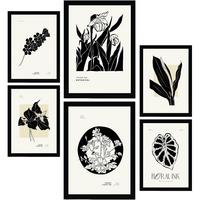 POSTER Set Mit 6 In Schwarzer Tinte Tropische Tinten Kunstdrucke Im Skizzenstil Für Innenarchitektur A3 & A4 Schwarzer Rahmen - Schwarz, Papier (29/3cm) - Nacnic