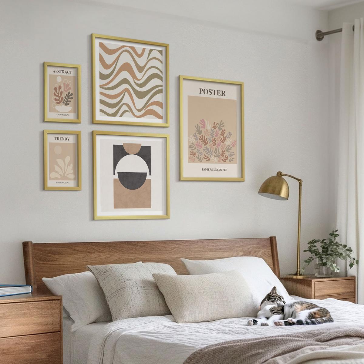 BILDER SET 5er Set - 50x50 cm & 20x30 cm & 40x60 cm Goldrahmen - Abstrakte Formenmuster - Goldfarben, Kunststoff (40/60cm) - TULUP