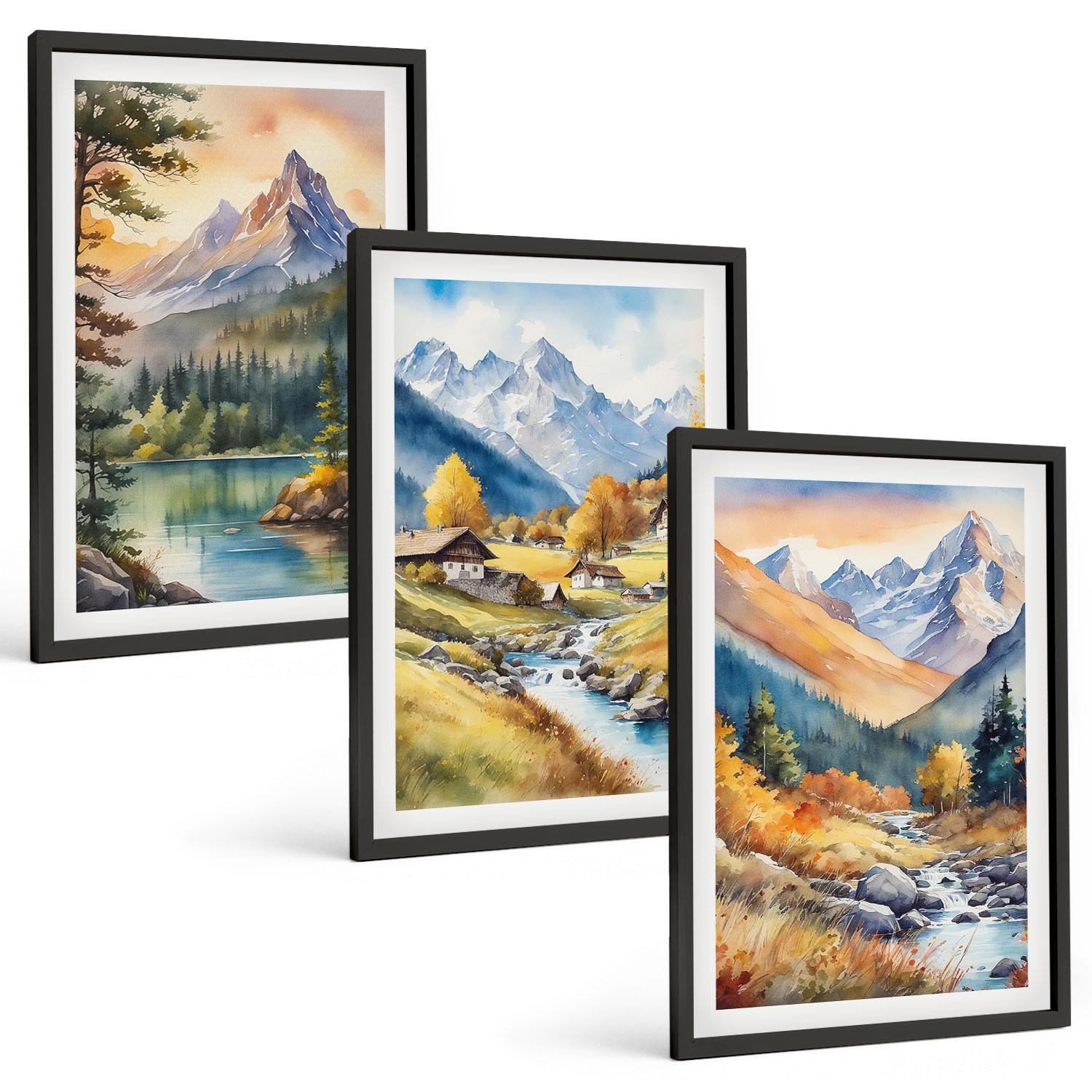 BILDER SET 3er Set - 40x60 cm Schwarzer Rahmen - Berglandschaft mit einem Fluss - Schwarz, Kunststoff (40/60cm) - TULUP