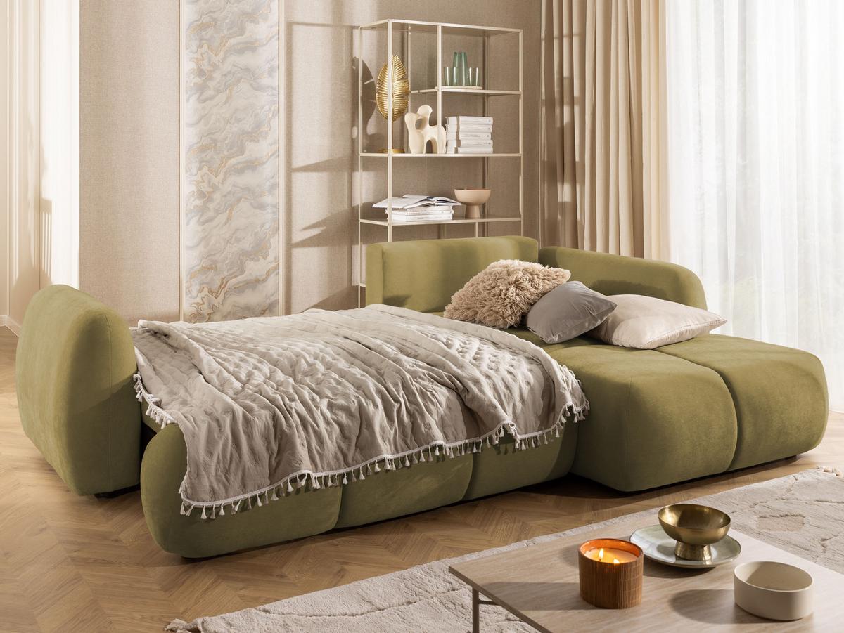 ECKSOFA Loretto aus natürlichem Grün Webstoff mit Schlaffunktion, Bettkasten und tiefen Steppungen in Bubble-Optik - Schwarz/Grün, Holz/Kunststoff (275/180cm) - S-Style