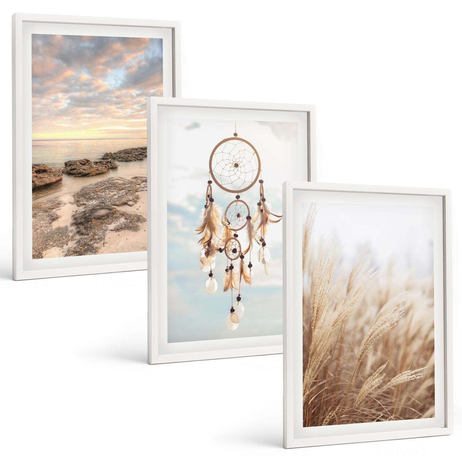 BILDER SET 3er Set - 40x60 cm Weißer Rahmen - Wolkenmeer, Traumfänger, Gras - Weiß, Kunststoff (40/60cm) - TULUP