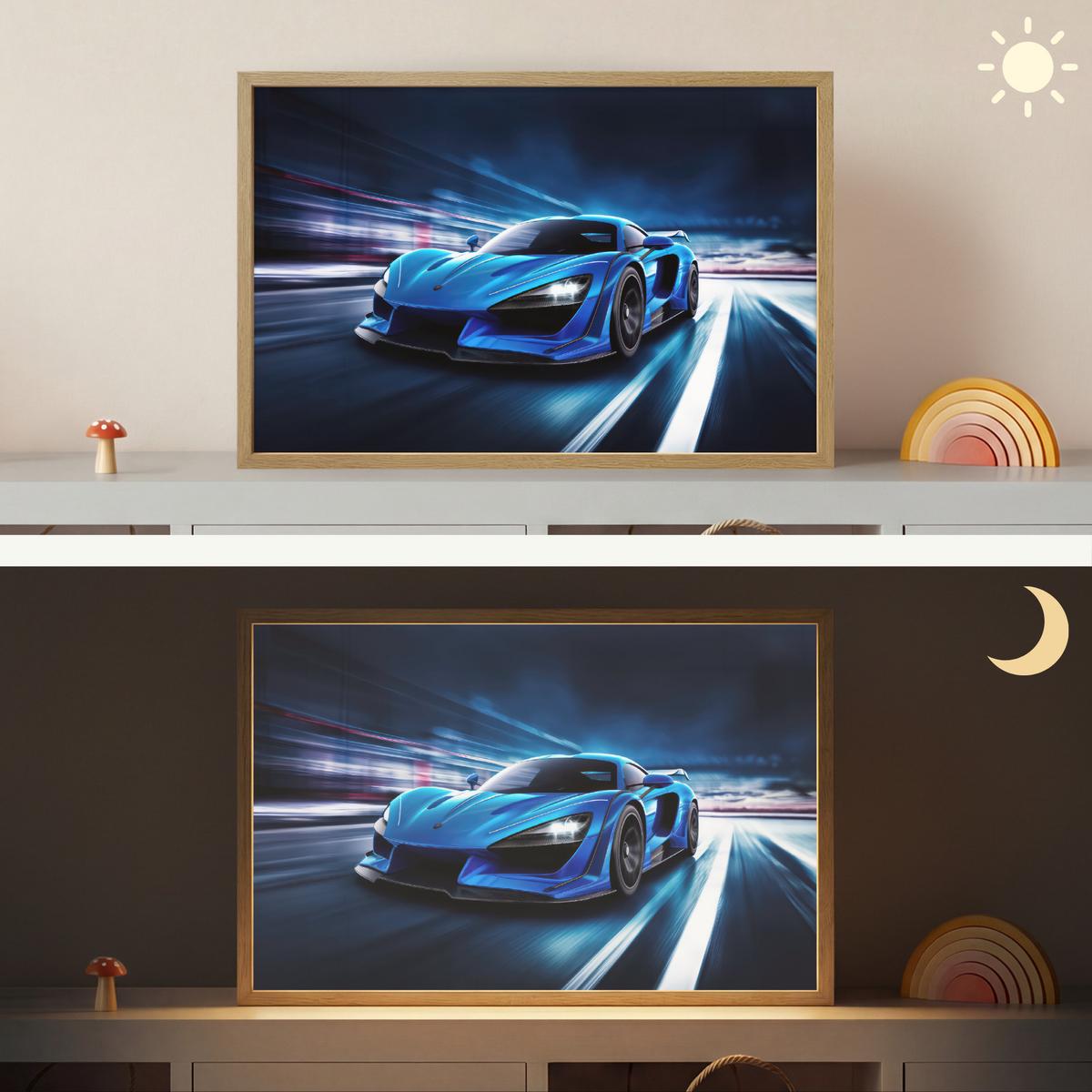 WANDLEUCHTE MIT AKKU Auto - Blau - Jungen - Kind 60x40 cm - Blau, Holzwerkstoff (60/40/8cm) - OnlyWow