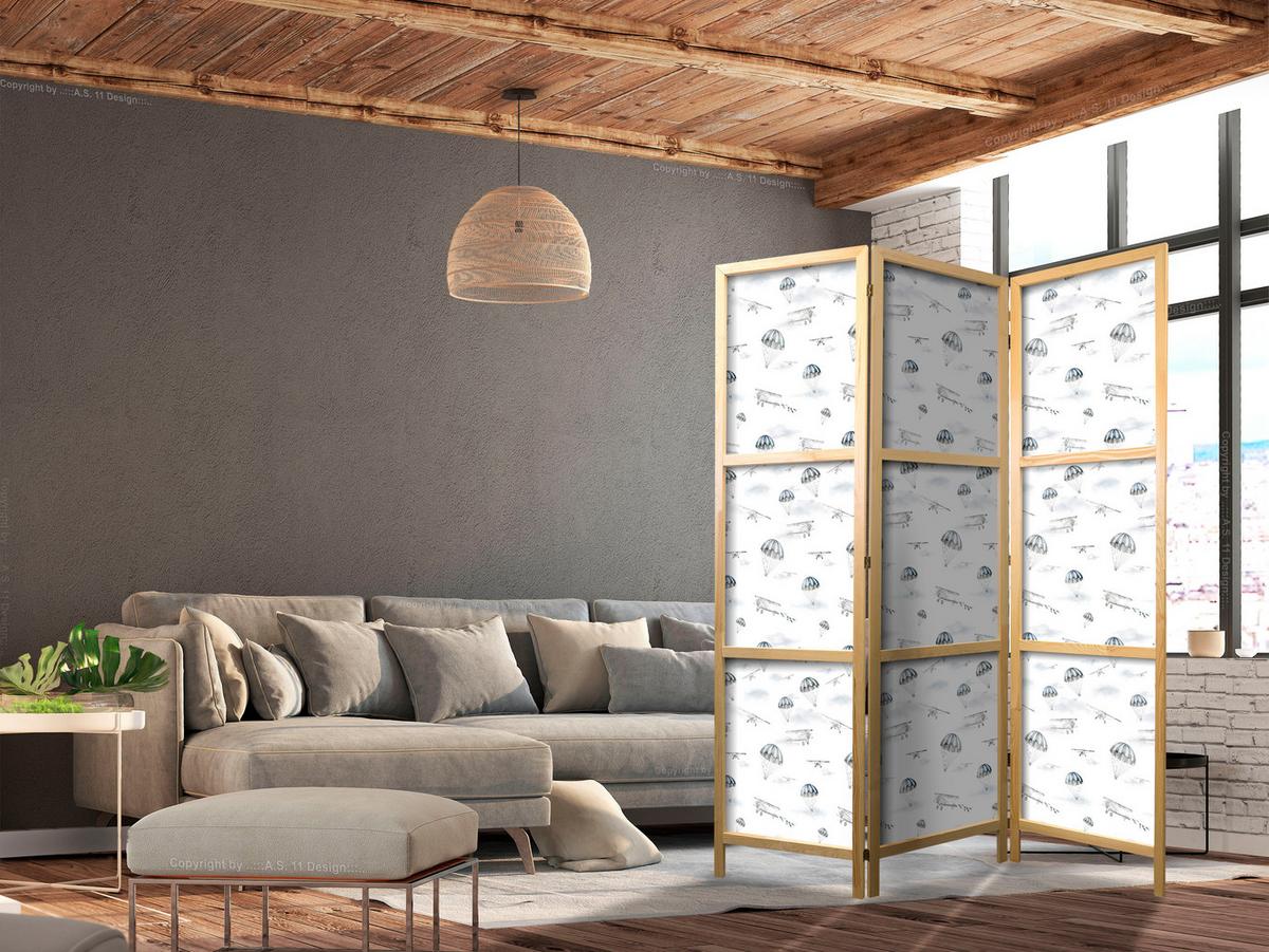 PARAVENT Japanischer 3-tlg 135x172 cm Flugzeuge Und Fallschirme - Weiß, Holz/Textil (135/172/3cm) - Muralo