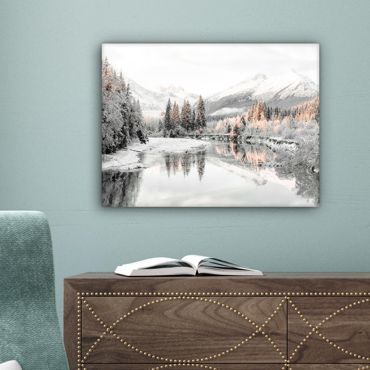 LEINWANDBILD Natur - Winter - Bäume - Berge - Schnee Wandbild 40x30 cm - Weiß Hochglanz, Textil (40/30cm) - MuchoWow