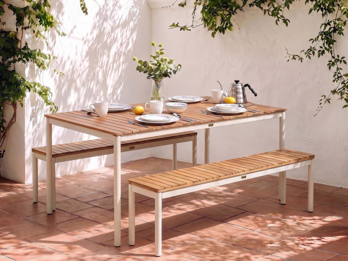 GARTENMÖBEL-SET mit Bänken 6-Sitzer Akazienholz Braun Corricella - Creme, Holz - Beliani
