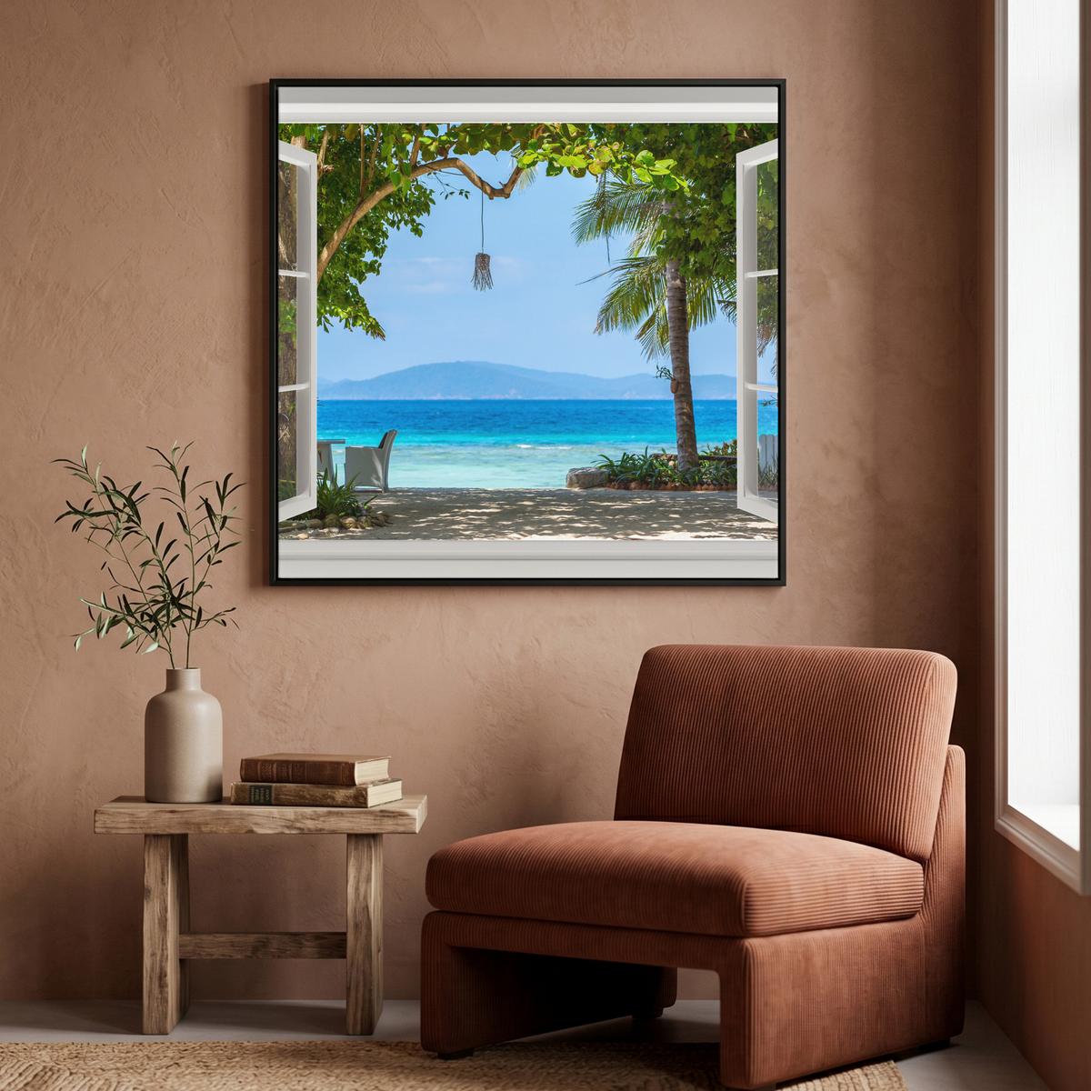 LEINWAND Bilder mit Rahmen - Aussicht - Baum - Meer - Palme - Hügel - Strand - Blau - 90x90 - Blau, Textil (90/90cm) - MuchoWow