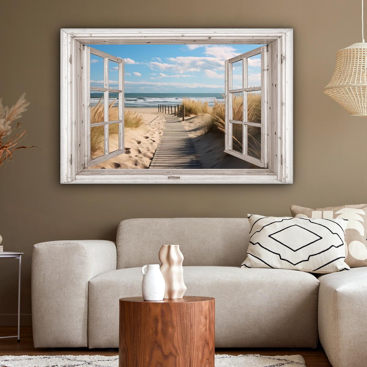 LEINWANDBILD Fenster - Meer - Küste - Natur - Ausblick - Strand - Wattenmeer Groß 140x90 cm - Beige, Textil (140/90cm) - MuchoWow