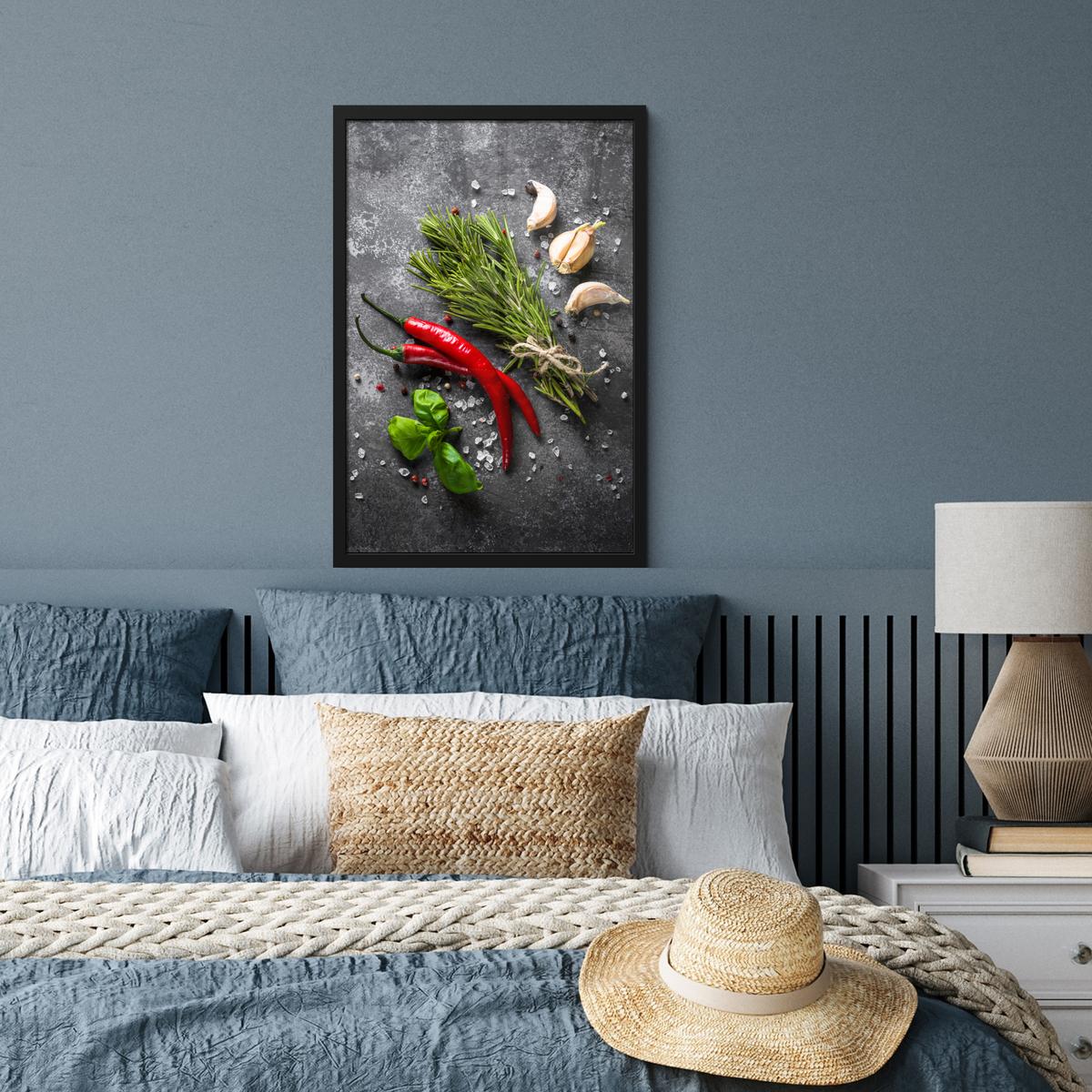 POSTER MIT RAHMEN Pfeffer - Kräuter - Gewürze - Beton Bilder mit Rahmen 40x60 cm - Dunkelgrau, Papier (40/60cm) - MuchoWow