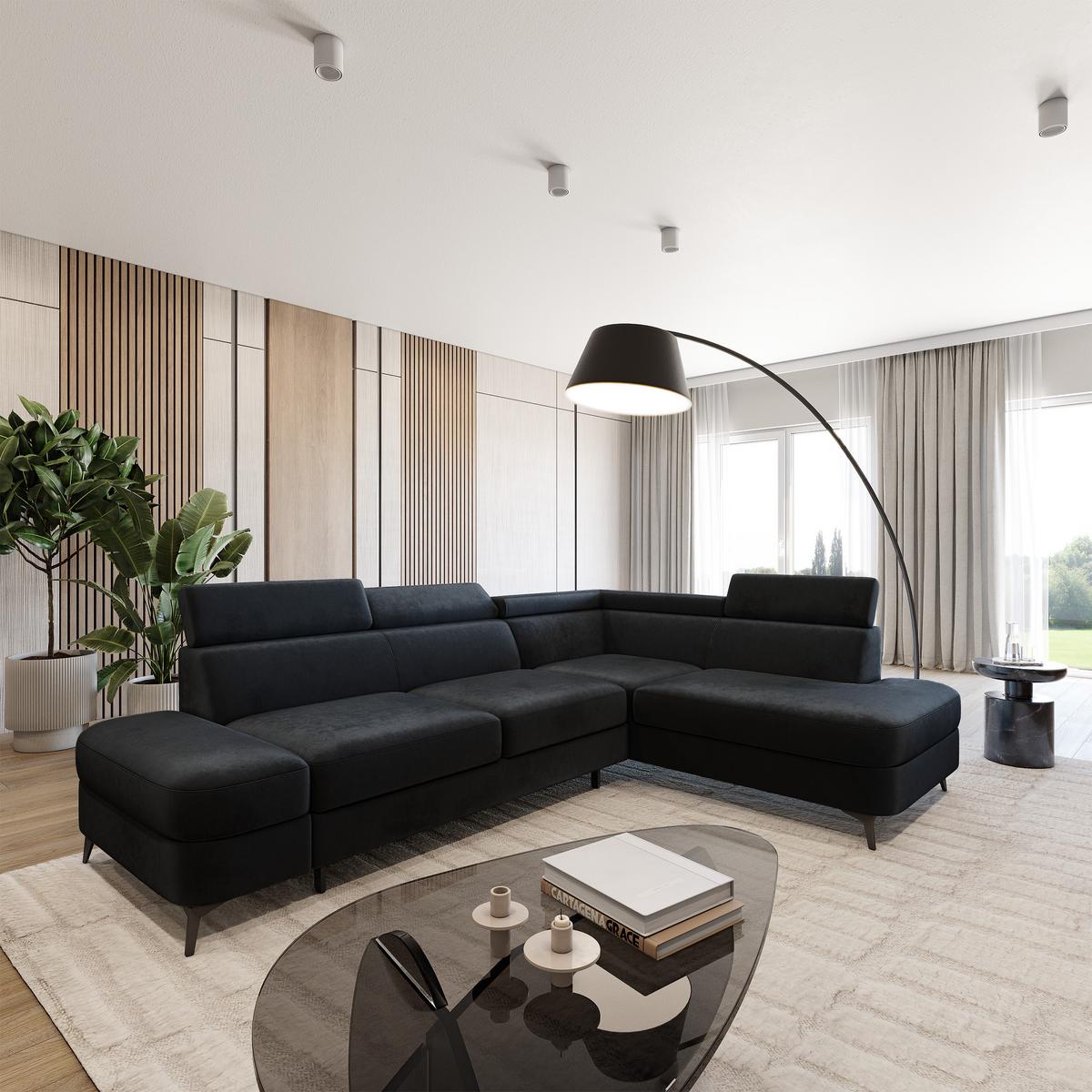 ECKSOFA AVISE M R-S Schwarz Velours-Stoff mit Schlaffunktion - Schwarz, Holzwerkstoff/Textil (268/195cm) - MASSENO