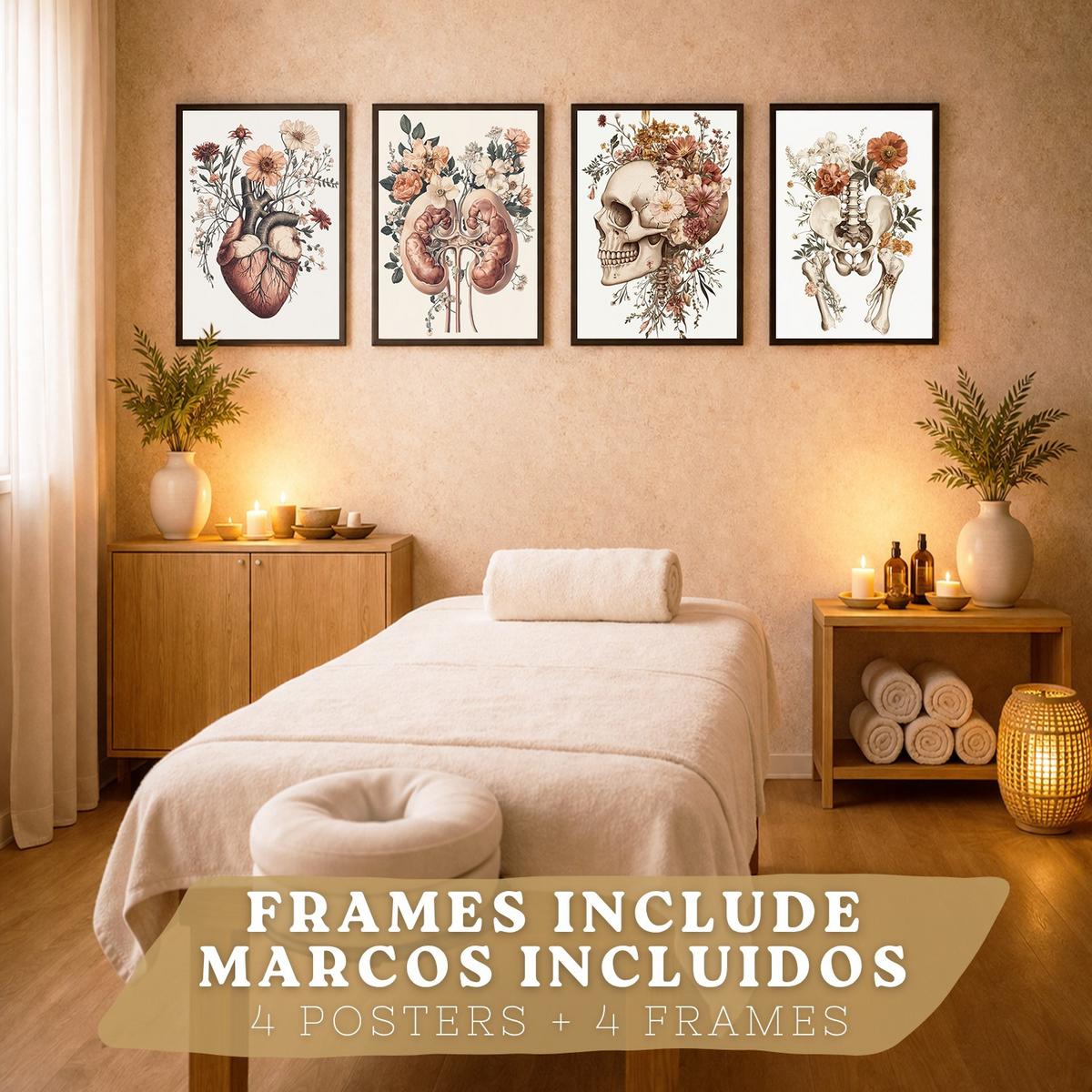 POSTER Set aus 4 Anatomie Drucke und Wandbilder mit Herz Nieren Schädel und Becken Botanischer Stil Wanddekoration Größe Schwarzer Rahmen A4 - Schwarz, Papier (21/29.7/3cm) - Nacnic