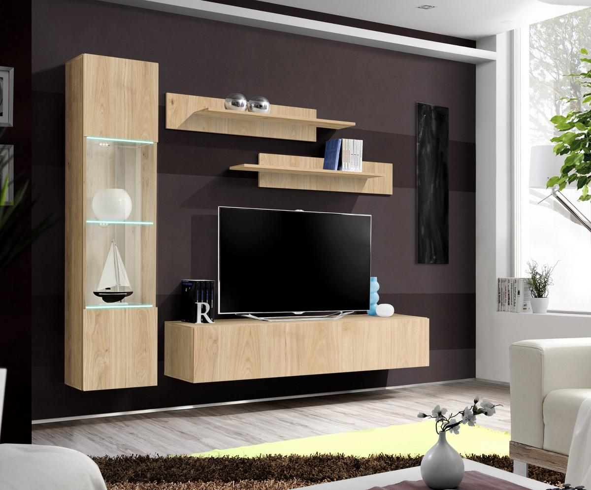 WOHNWAND Eiche Jackson 210 cm 4-teilig hängend, Schrwankwand mit LED-Beleuchtung - Eichefarben, Glas/Holzwerkstoff (210/170/40cm) - Inn.Furn