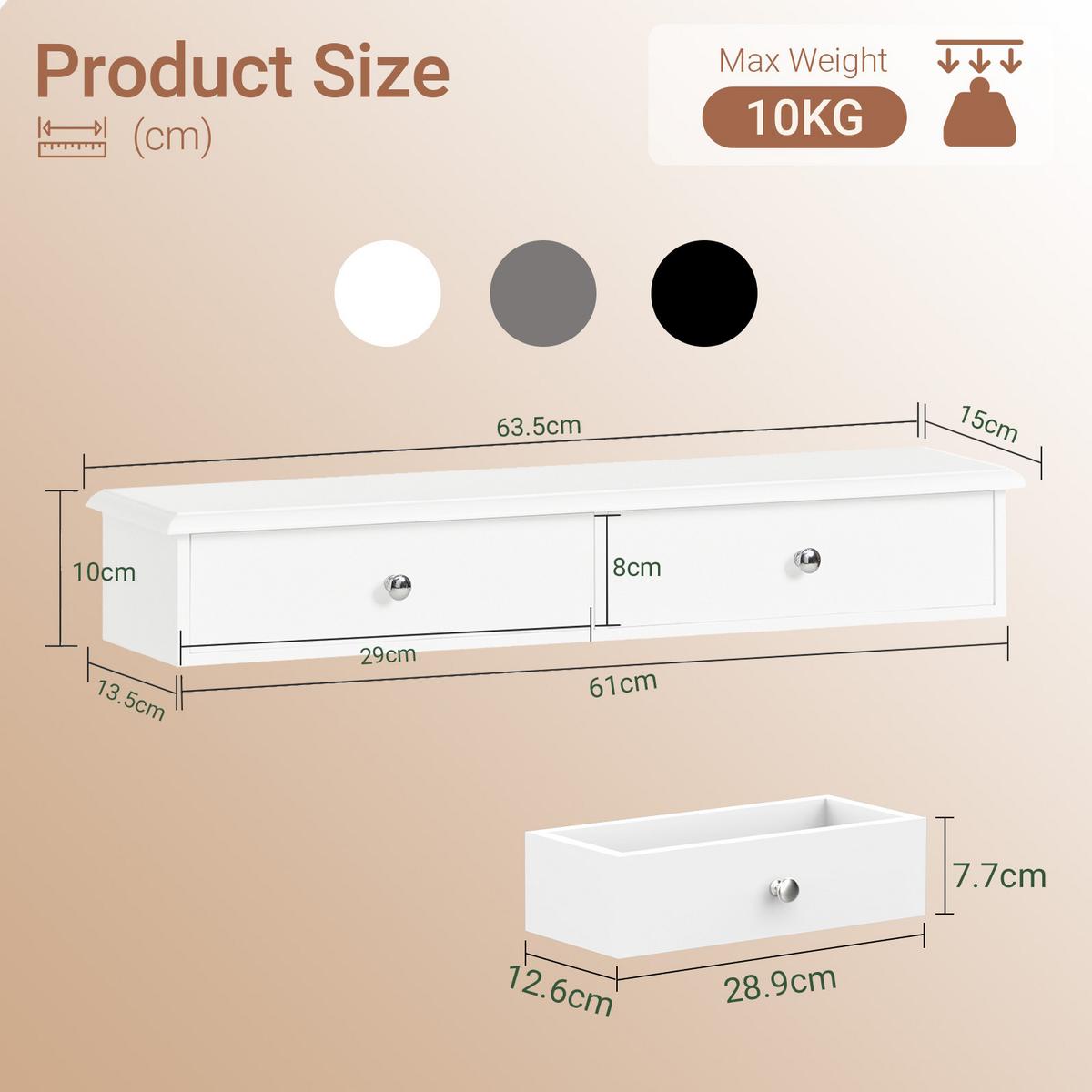 WANDREGAL Weiß mit 2 Schubladen, 64 x 10 x 15 cm, Ablage bis 10 kg, für Flur, Bad und Wohnzimmer - Weiß, Holzwerkstoff (64/10/15cm) - SoBuy