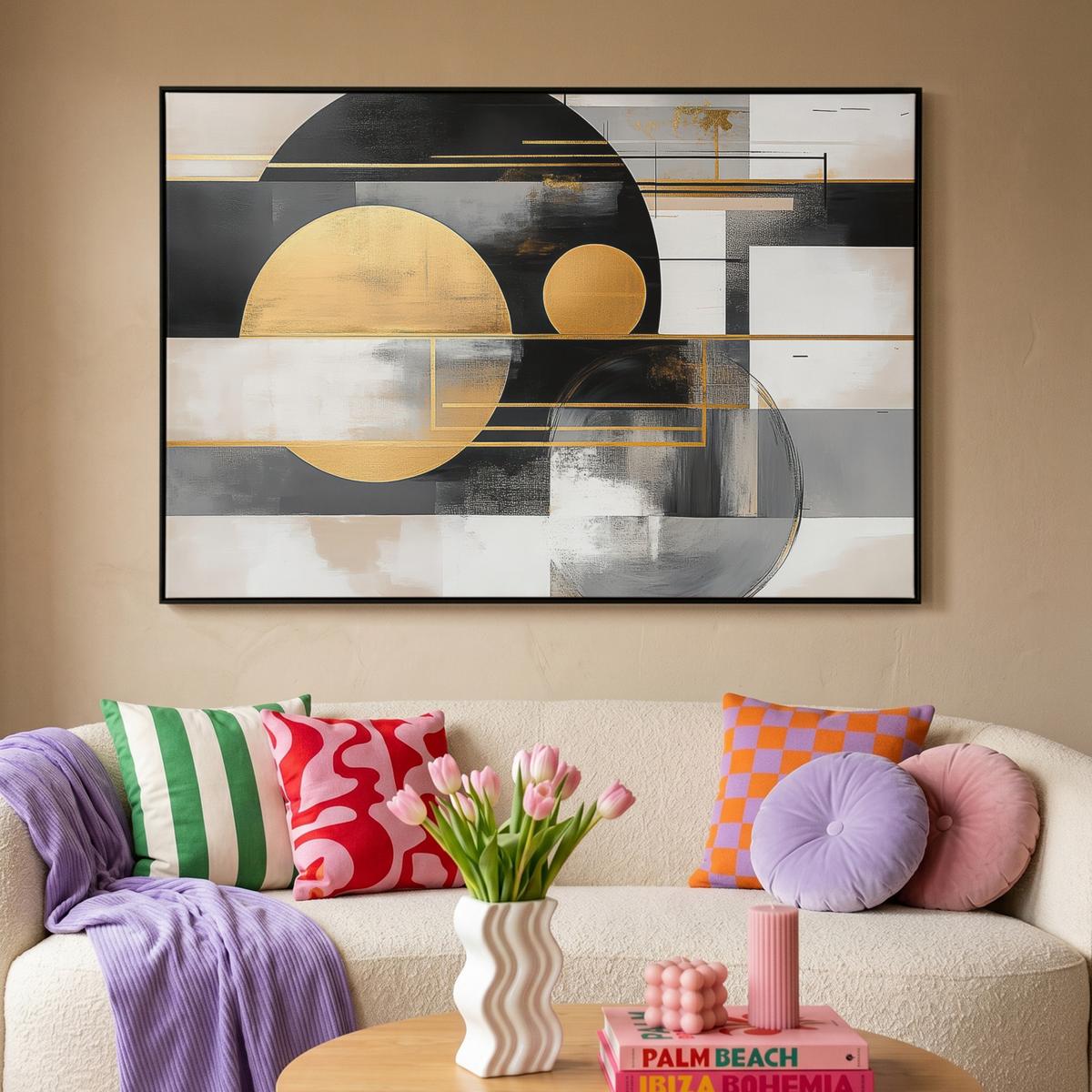 LEINWAND Bilder mit Rahmen - Abstrakt - Gold - Silber - Formen - Ästhetisch - Modern - 140x90 - Goldfarben, Textil (140/90cm) - MuchoWow