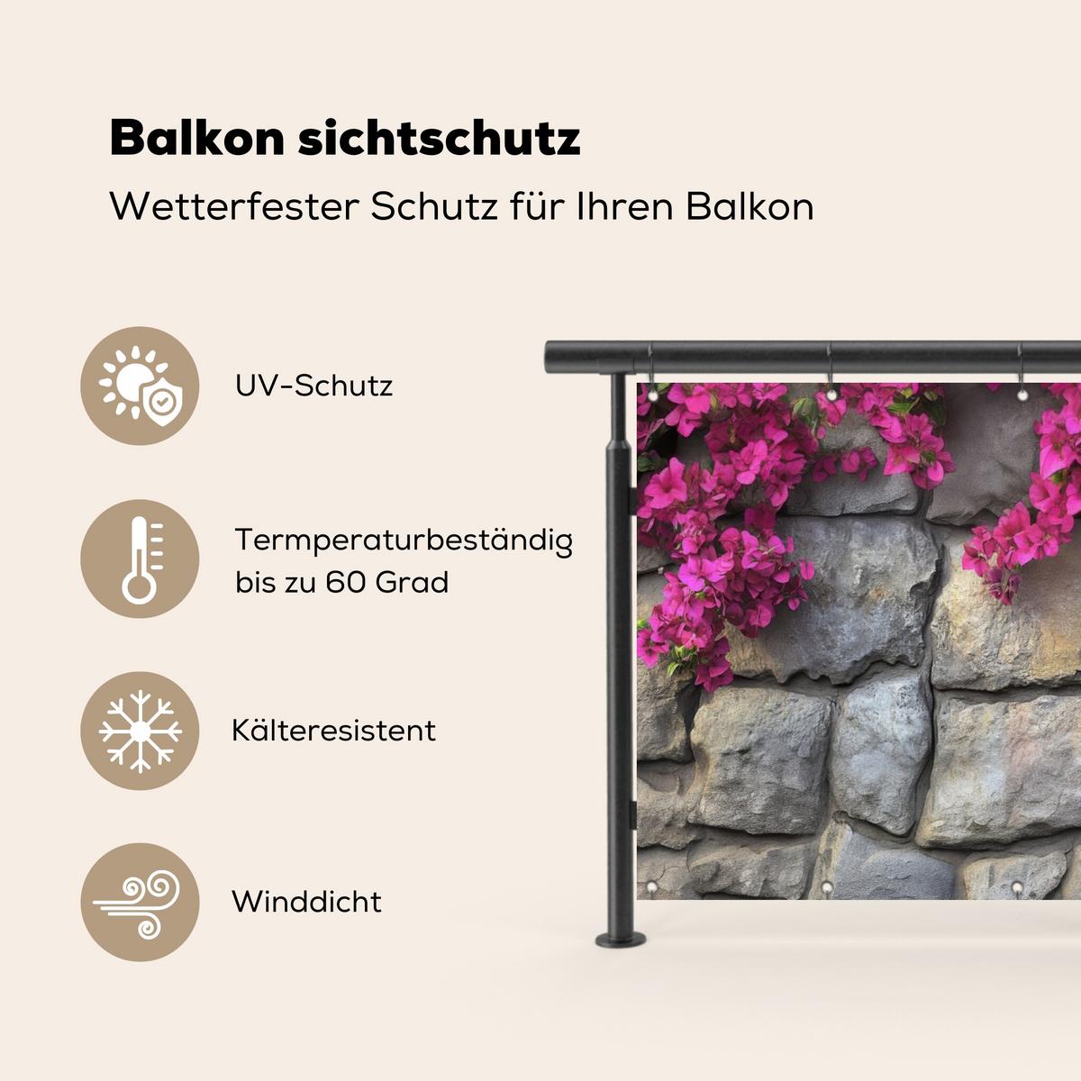 BALKON-SICHTSCHUTZ Bougainvillea - Steinmauer - Rosa Witterungsbeständig 200x110 cm - Magenta, Kunststoff (200/110cm) - MuchoWow