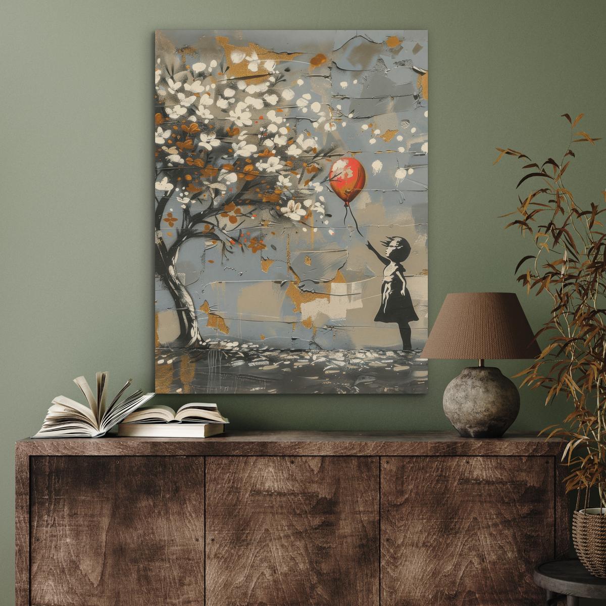 AKUSTIKBILD Baum - Graffiti - Banksy-Stil - Ballon-Mädchen Wandbilder 60x80 cm - Blaugrau, Kunststoff (60/80/0.9cm) - MuchoWow