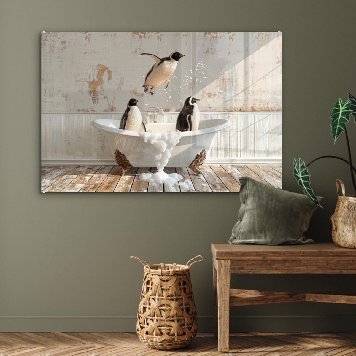 ACRYLGLASBILD Vintage - Pinguin - Badewanne - Schaumstoff Room Decor 90x60 cm - Schwarz, Glas (90/60cm) - MuchoWow