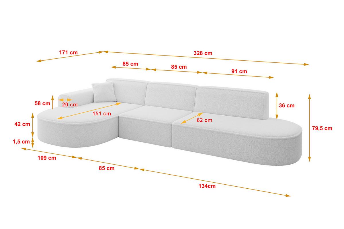 ECKSOFA Ottomane Links MARI-L2 - 328x171x79 cm Weiß Bouclé - Schwarz/Weiß, Holzwerkstoff/Kunststoff (165/321cm) - ALTDECOR