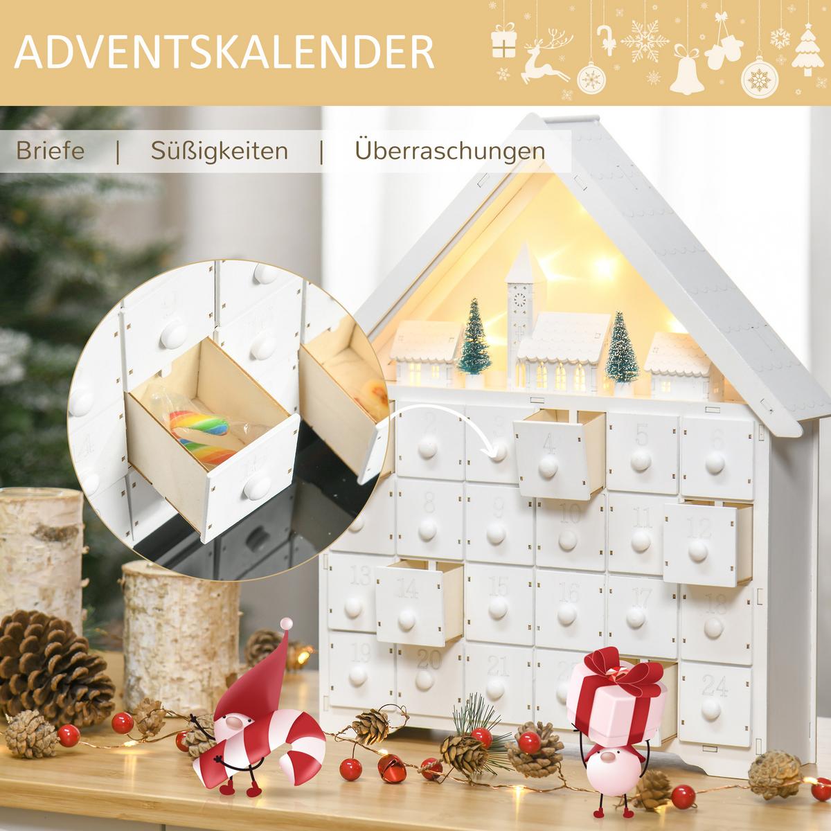 ADVENTSKALENDER Weihnachtskalender 24 Schubladen mit LED 2-in-1-Design - Weiß, Holz (9/42/39cm) - HOMCOM