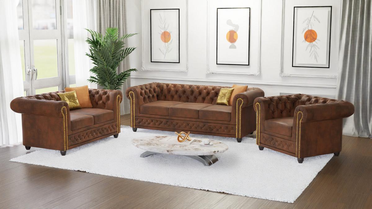 CHESTERFIELD-SOFA 3-sitzer Flux Braun Microfaser Vintageoptik - Braun, Holz/Textil (203/72/86cm) - S-Style Möbel