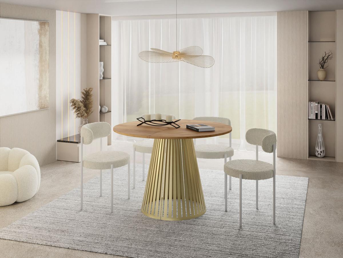 ESSTISCH Naro rund ausziehbar mit Goldenem Lamellen-Metallgestell, Braun 100-180/100/76 cm - Eiche Wotan/Goldfarben, Holzwerkstoff/Metall (100/176/76cm) - WFL GROUP