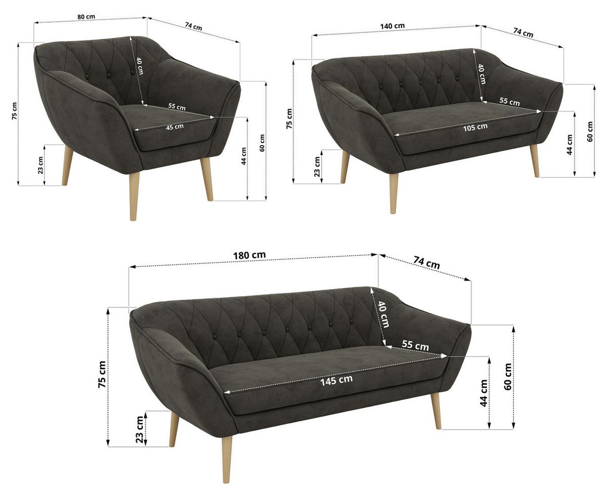 SITZGARNITUR PIRS 3+2+1 - Dunkelgrau Velvet - Holzbeine - Dunkelgrau/Buchefarben, Holzwerkstoff/Textil (180/75/74cm) - MKS