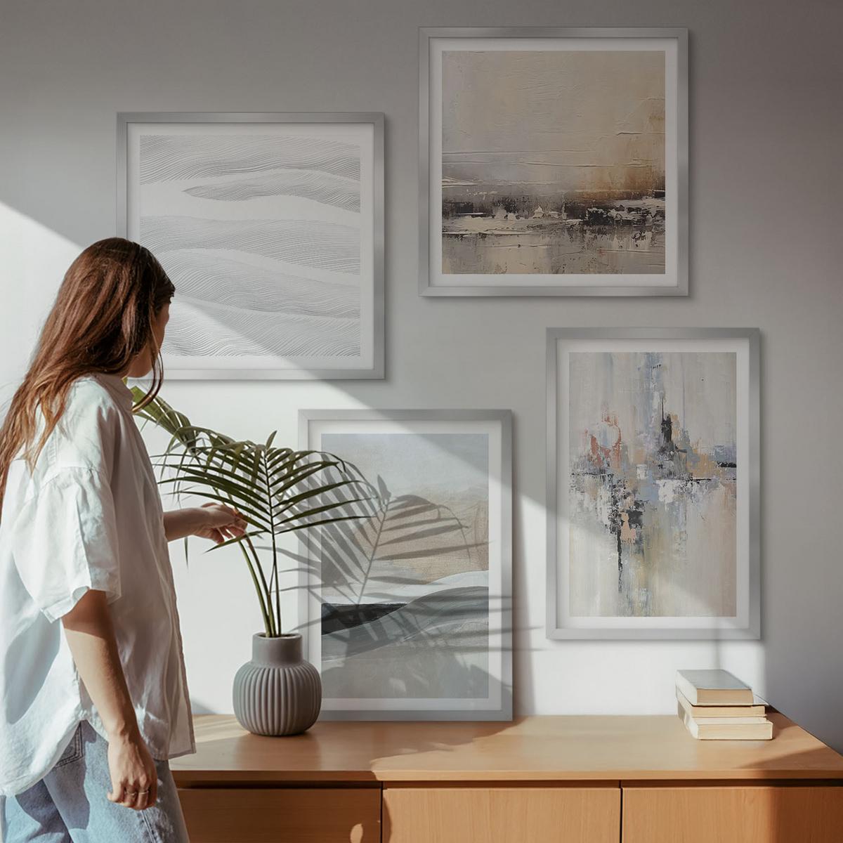 BILDER SET 4er Set - 50x50 cm & 40x60 cm Silberner Rahmen - Abstrakte Erdmuster - Silberfarben, Kunststoff (50/50cm) - TULUP