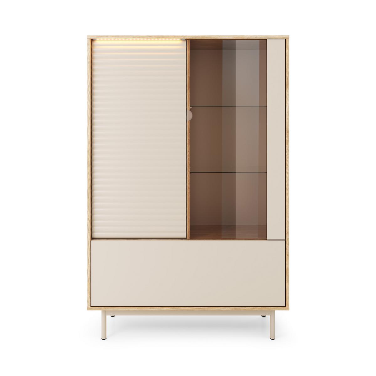VITRINE Terra mit 3 Türen und LED-Beleuchtung, Kaschmir/geölte Eiche - Kaschmir, Holzwerkstoff/Metall (100/152/40cm) - Beautysofa