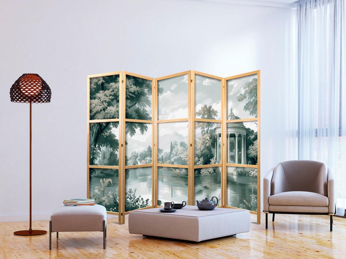 PARAVENT Japanischer 5-tlg 225x172 cm Gr ne Landschaft - Grau, Holz/Textil (225/172/3cm) - Muralo