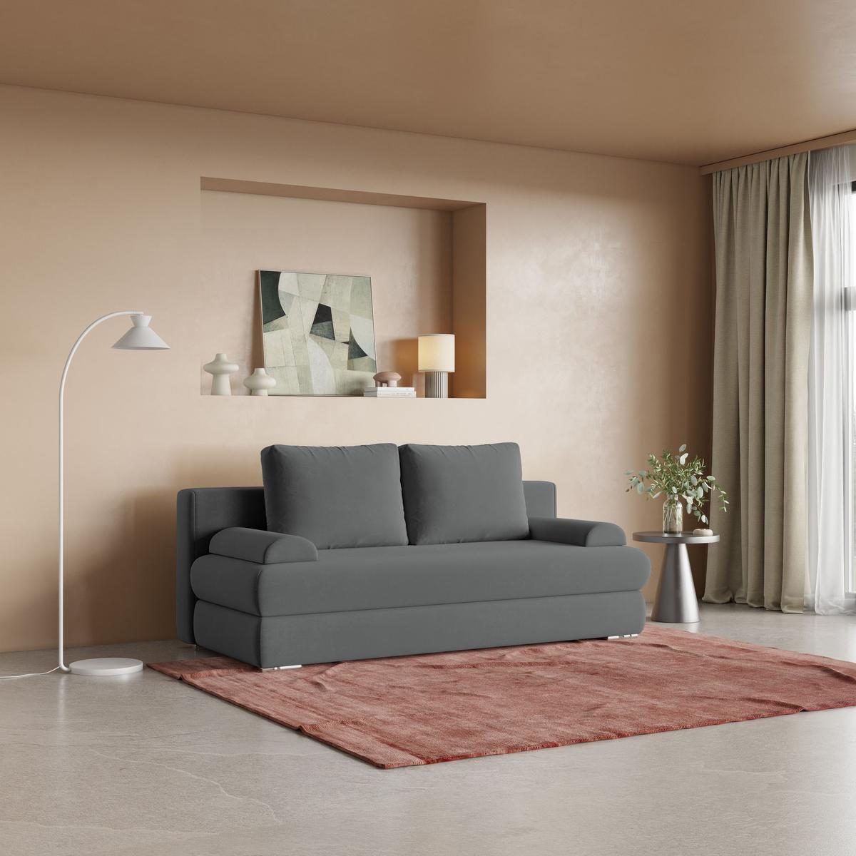 SCHLAFSOFA ASPERO Grau Plüsch-Stoff mit Schlaffunktion - Grau, Holz (200/95/75cm) - MASSENO