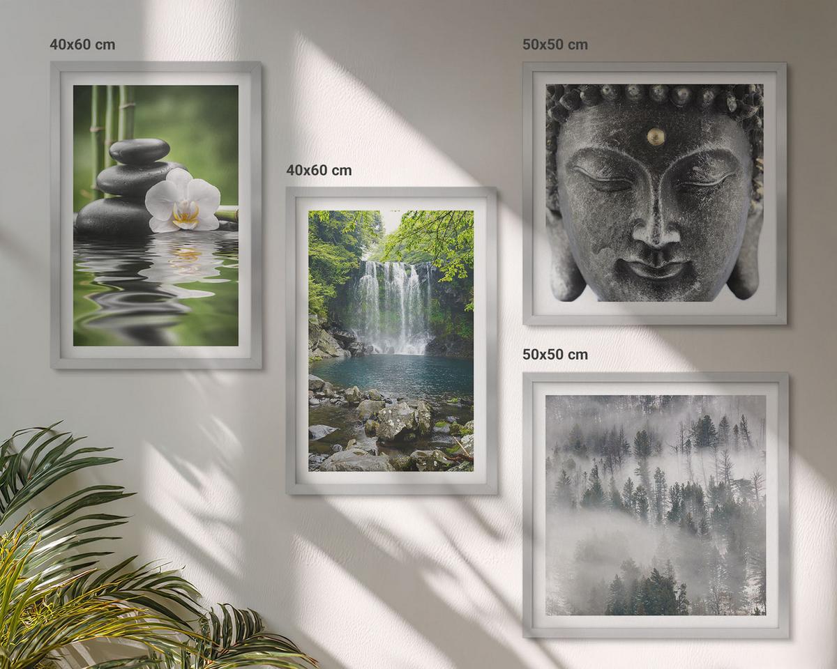 BILDER SET 4er Set - 50x50 cm & 40x60 cm Silberner Rahmen - Harmonie der Natur, Steine, Wasser, Buddha - Silberfarben, Kunststoff (50/50cm) - TULUP