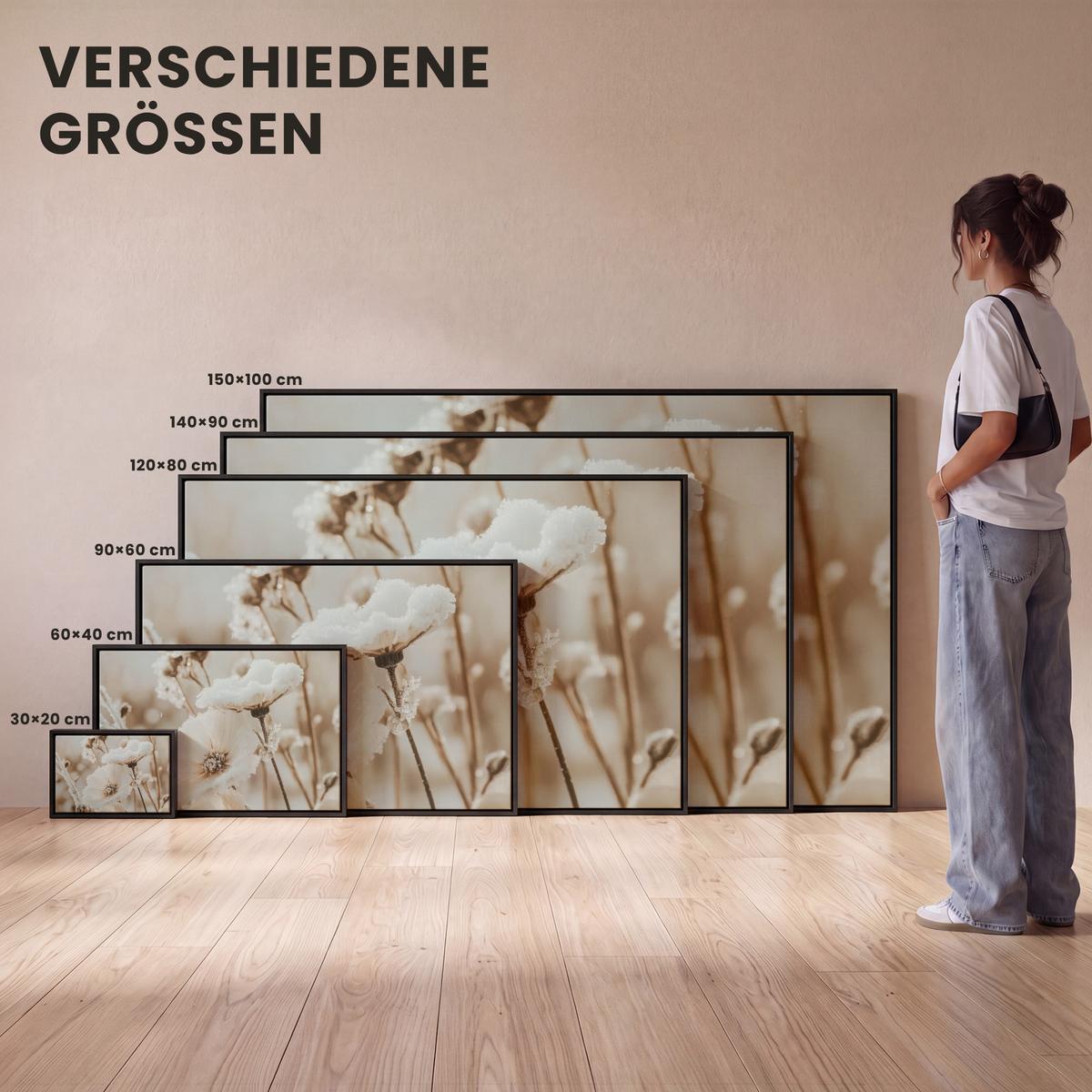 LEINWAND Bilder mit Rahmen - Blumen - Winter - Weiß - Schnee - Beige - 120x80 - Creme, Textil (120/80cm) - MuchoWow
