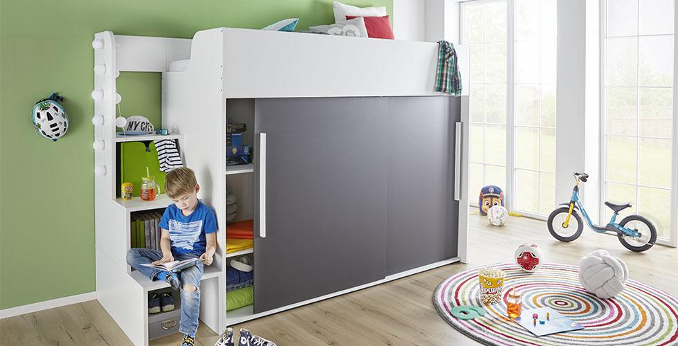 Hochbett in Weiß und Anthrazit mit viel Stauraum von mömax.